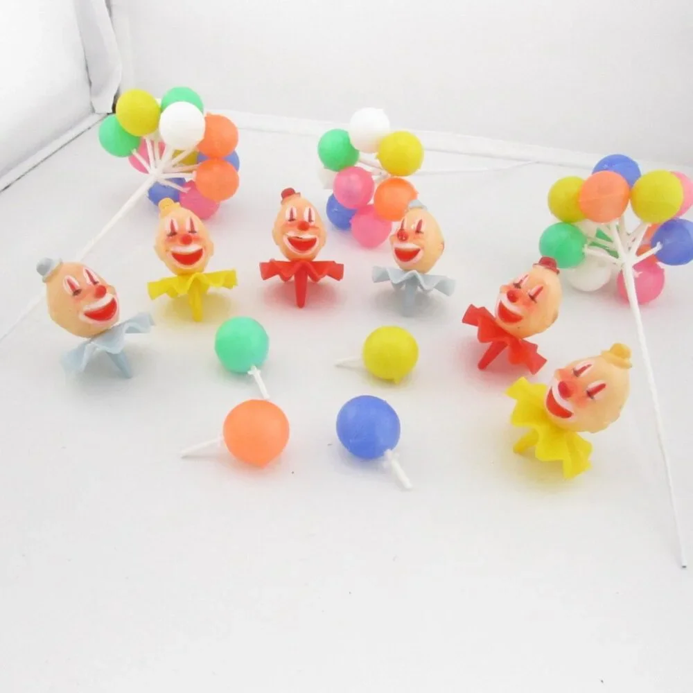 Vintage WILTON Circus Clown Cupcake Cake Toppers Set 6 W/ Balloon Pick Party